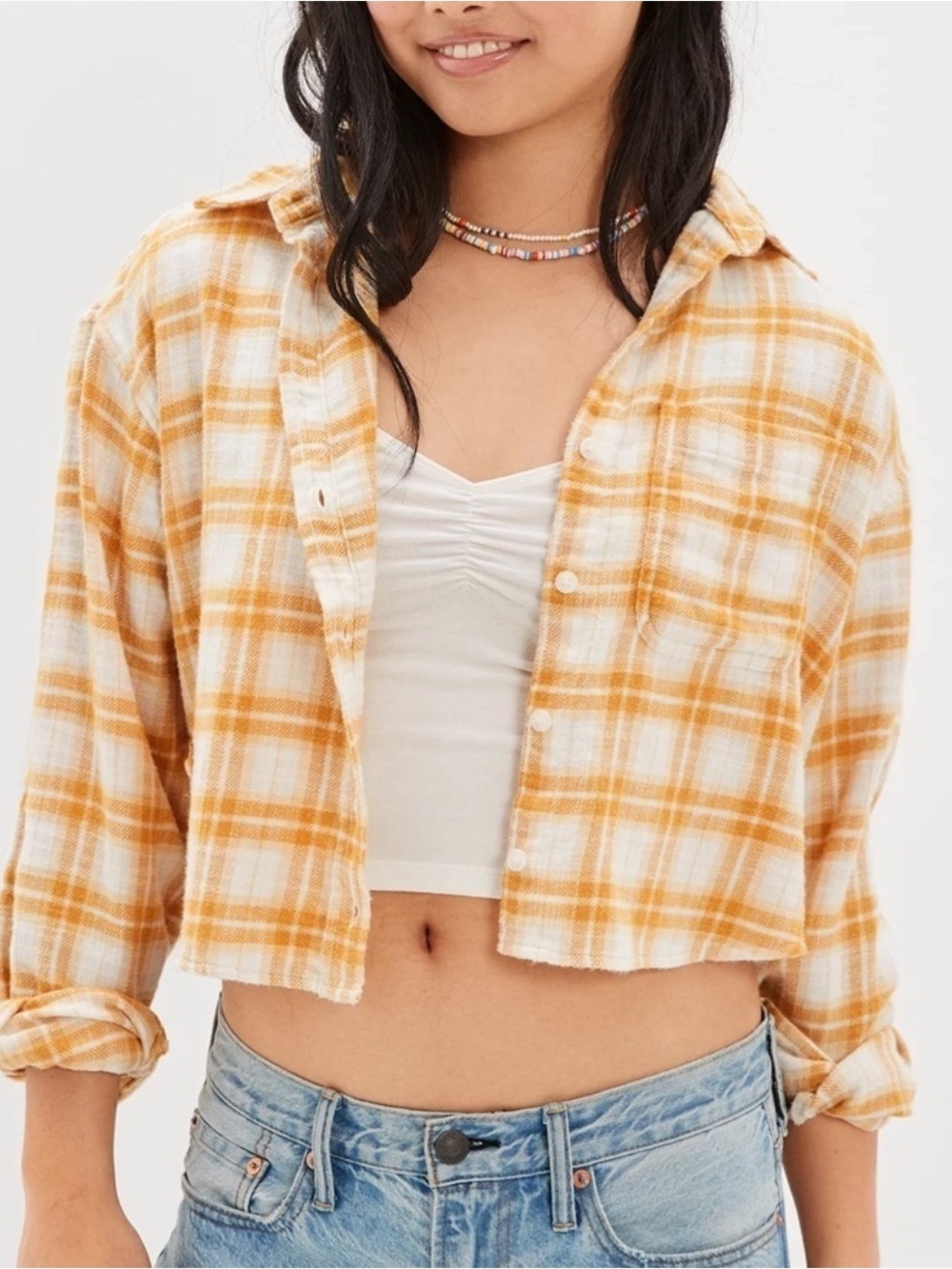 American Eagle Outfitters Women’s Yellow and White Plaid Cropped Flannel